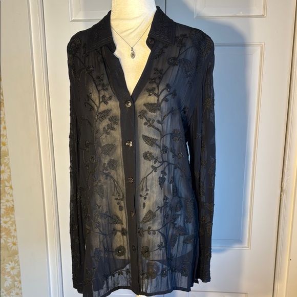 Beautiful Vintage Chico's Black Sheer Embroidered Blouse Oversized - Picture 1 of 8